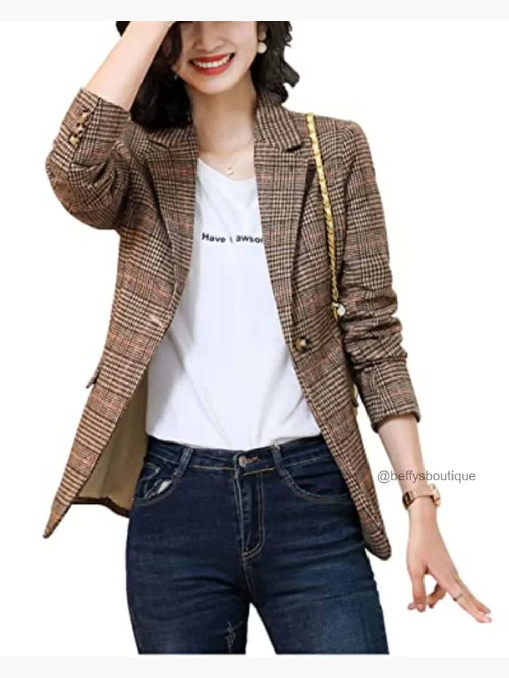 Notch Lapel 2 Button Boyfriend Blazer Suit Houndstooth Plaid Jacket Coat - Picture 2 of 6